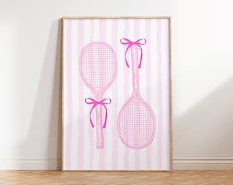 Tennis Prints Country Club Pink Tennis Racket Print Cute Bow Tennis Racket Coquette Posters Preppy Art Nursery Digital Download Baby Girl