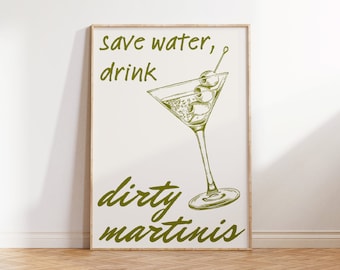Martini Bar Cart Art Print Retro Cocktail Poster Olive Green Bar Cart Wall Art Bar Dirty Martini Art Wall Decor Digital Download Cool Girl