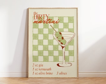 Art de recette de martini sale : vert olive imprimable pour chariot de bar et décoration de cocktail, impression murale numérique en damier