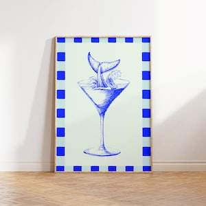 Szklanka do Martini Preppy z Ogonem Wieloryba - Wystrój Wózka Barowego Coastal Kitschy, Pobieranie Cyfrowe, Wózek Barowy, Szklanka do Martini Beachy, Estetyka Wieloryba