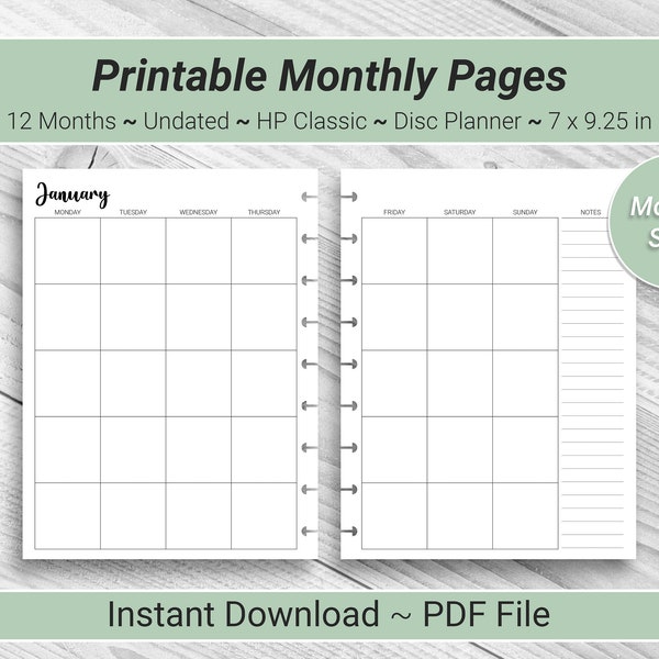 PRINTABLE Undated Monthly Inserts for HP Classic Planners, Monday Start, Instant Download PDF, 12 Months, Printable Planner Refill Pages