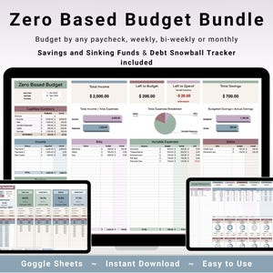 Puede incluir: Una pantalla de computadora que muestra una hoja de cálculo con el título "Zero Based Budget Bundle". La hoja de cálculo está dividida en secciones para ingresos, gastos, ahorros y deudas. La hoja de cálculo está diseñada para ayudar a los usuarios a realizar un seguimiento de sus finanzas y crear un presupuesto.