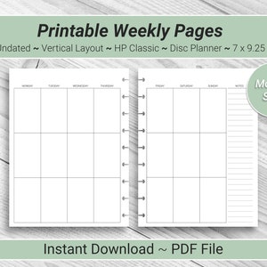 PRINTABLE Undated Vertical Weekly Planner Inserts for HP Classic Planners, Instant Download PDF, Mon Start, Disc Planner Refill Pages