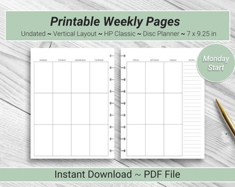 PRINTABLE Undated Vertical Weekly Planner Inserts for HP Classic Planners, Instant Download PDF, Mon Start, Disc Planner Refill Pages