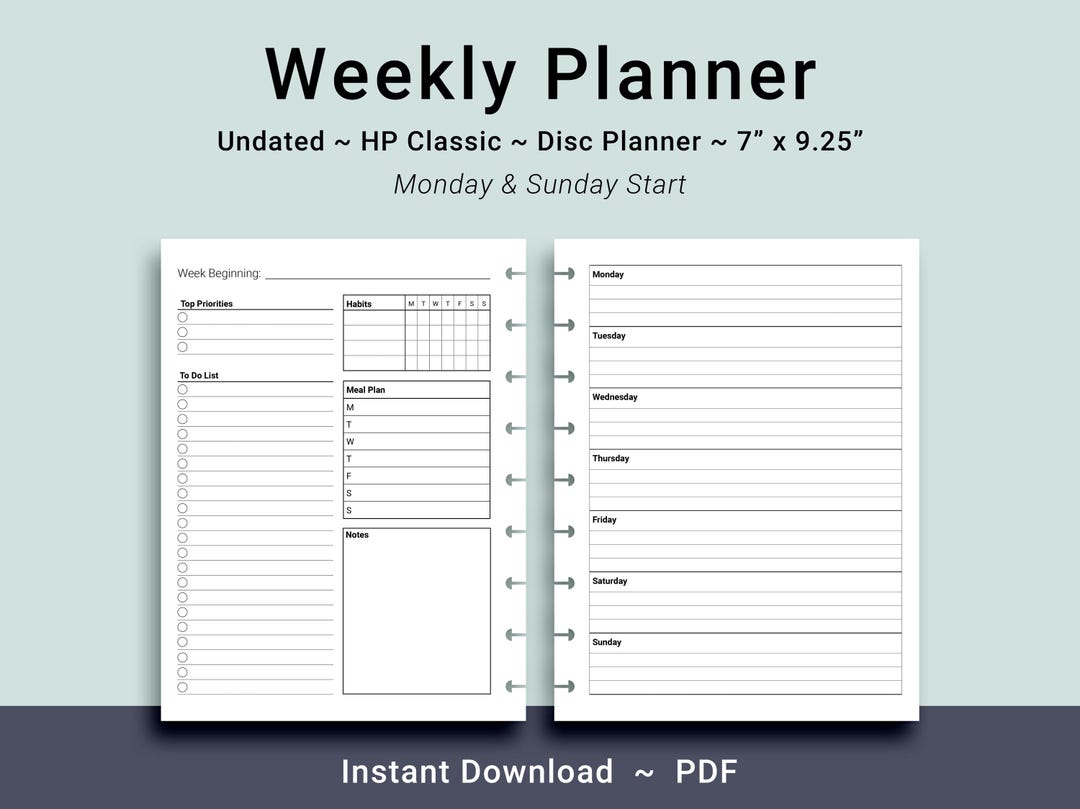 PRINTABLE Undated Horizontal Weekly Planner Inserts for HP Classic ...