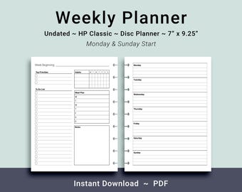 PRINTABLE Undated Horizontal Weekly Planner Inserts for HP Classic Planners, Instant Download PDF, Sun and Mon Start, Planner Refill Pages