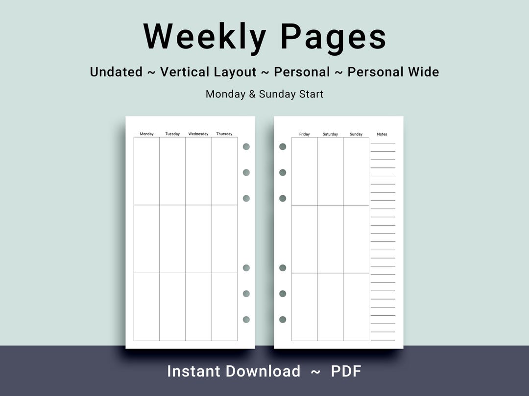 Vertical Weekly Printable Inserts for Personal & Personal Wide Planners ...