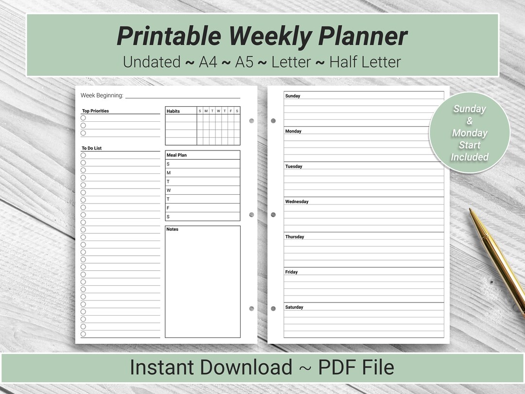 PRINTABLE Undated Horizontal Weekly Planner Pages, A4 A5 US Letter Half ...