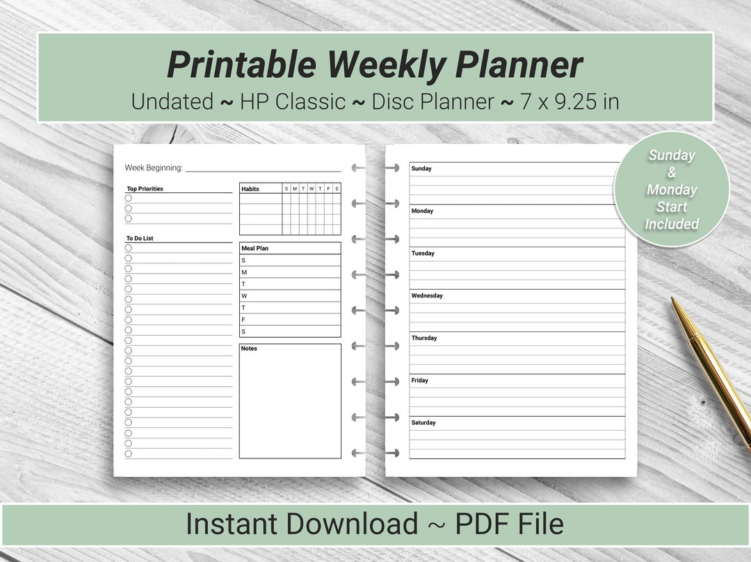 PRINTABLE Undated Horizontal Weekly Planner Inserts for HP Classic ...