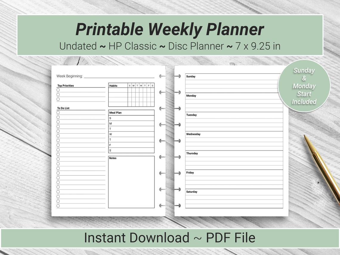 PRINTABLE Undated Horizontal Weekly Planner Inserts for HP - Etsy