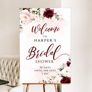 HARPER - Bridal Shower Sign, Blush Pink Bridal Shower Sign Template, Bridal Shower Welcome Sign, Floral Burgundy Bridal Shower Sign Download