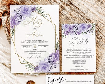 MOLLY - Wedding Invitation Template with Lilac Flowers, Printable Wedding Invitation with Details and RSVP, Lavender Lilac Wedding Invites