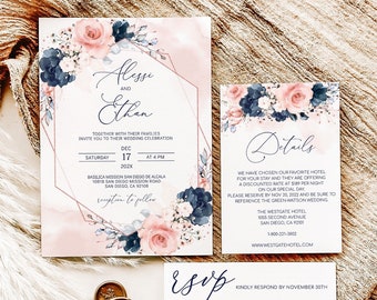 May include: Wedding invitation suite with a floral design featuring pink and blue flowers. The invitation includes the names Alessi and Ethan, the date December 17, 202X, and the time 4 PM. The invitation also includes the location of the wedding ceremony, Basilica Mission San Diego de Alcala, and the reception to follow. The details card includes information about the hotel, The Westgate Hotel, and a discounted rate for guests. The RSVP card includes a section for guests to indicate their attendance and any dietary restrictions.