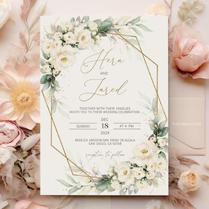 Ivory White Roses Wedding Invitation Template (Digital Download)