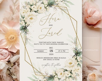 Op de afbeelding: Een huwelijksuitnodiging met een gouden geometrisch frame en witte bloemen. De uitnodiging luidt "Hera en Jared" met de datum "Dec 18, 202X" en de tijd "At 4 PM". De locatie is "Basilica Mission San Diego de Alcala, San Diego, CA 92108".