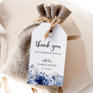 Dusty Blue Floral Wedding Favor Tags: Navy Thank You Gift Tag (DIY Template Download)