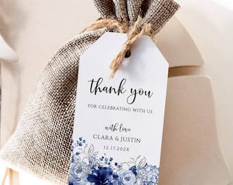 Dusty Blue Floral Wedding Favor Tags: Navy Thank You Gift Tag (DIY Template Download)