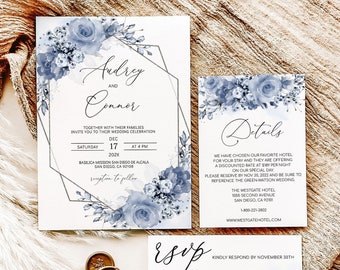 Invitación de boda floral en azul polvoriento (descarga digital)