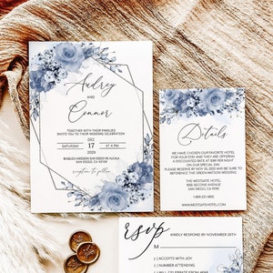 AUDREY - Dusty Blue Wedding Invitation, Printable Wedding Invite with RSVP and Details Card Template, 3PCS Wedding Invitation Dusty Floral