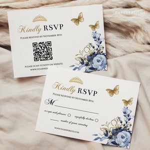 May include: A blue and gold RSVP card with a floral design and butterflies. The card includes a QR code and the text "Kindly RSVP, Please respond by November 18th".