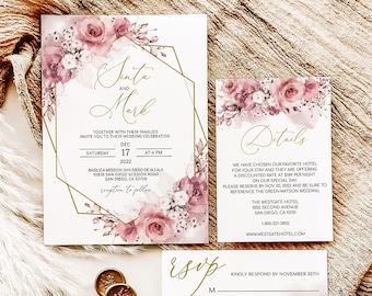 May include: A wedding invitation suite with a floral design. The invitation features a gold geometric frame with pink and white flowers. The RSVP card has a floral design with a pink and white watercolor background. The text on the invitation reads "Santa and Mark" and the text on the RSVP card reads "RSVP".