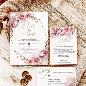 Dusty Rose Wedding Invitation Template: Boho Floral (Digital Download)