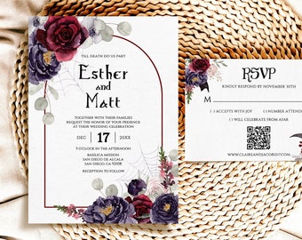 Gotische sjabloon voor huwelijksuitnodiging met donkere bloemen (digitale download)