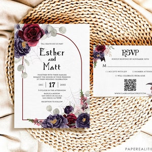 編集可能なゴシック ウェディング招待状テンプレート、RSVP カード付きの Til Death ウェディング招待状、ダーク フローラル ゴシック ウェディング招待状セット、ESTHER