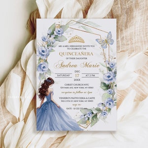 Editable Blue Quinceañera Invitation Template, Baby Blue Floral Gold Quinceanera Invitations, Mis Quince Anos, Sweet 16 Invitation DIY, Q16