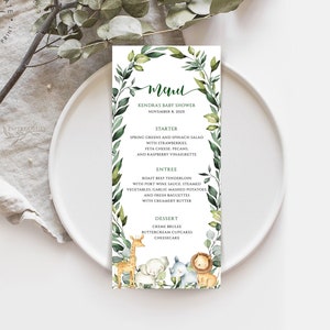 Modello per biglietto di menu Safari Baby Shower, menu baby shower modificabile, menu per baby shower Safari verde, modello fai-da-te per menu di compleanno Safari nella giungla