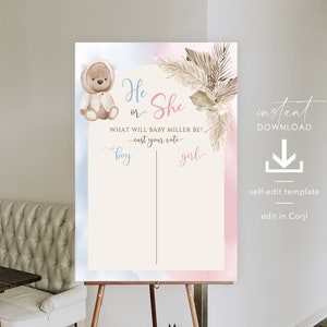 Bear Gender Reveal Voting Sign: He or She Game (Digital Download)