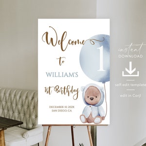Teddy Bear 1st Birthday Welcome Sign Template (Digital Download)