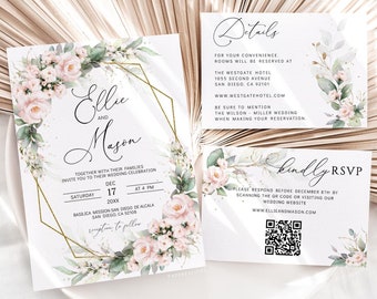 Blush Pink Floral Wedding Invitation Template (Printable)