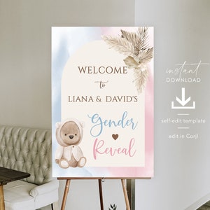 Gender Reveal Welcome Sign Template, Boho Bear Gender Reveal Party, Boy or Girl, He or She, Editable Welcome Sign, We Can Bearly Wait, GR09