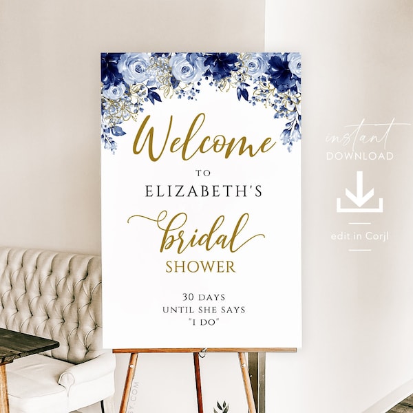 Bridal Shower Sign Template, Navy Blue Bridal Shower, Editable Bridal Shower Welcome Sign, Navy Dusty Blue Floral Bridal Shower Sign, ELIZA