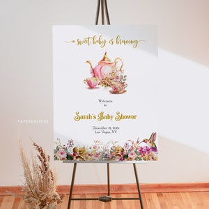Editable Tea Party Welcome Sign Template, Baby is Brewing Baby Shower Poster, Printable Baby Shower Welcome Sign Instant Download Corjl PB24