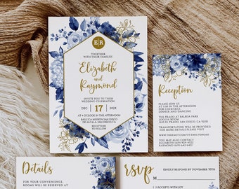 Navy Blue Roses Wedding Invitation Suite (Editable Digital Template)