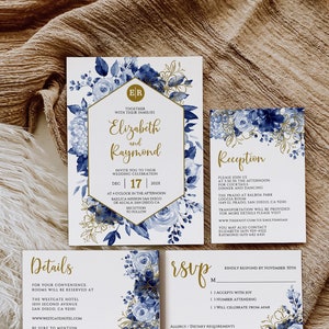 ELIZA - Navy and Gold Wedding Invitation Template, Editable Wedding Invites Suite, Wedding Invitation Navy Blue Roses Dusty Blue Invitation