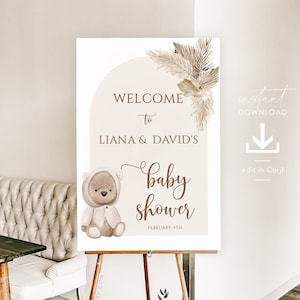Bär Babyparty Willkommensschild Vorlage, druckbare Bär Willkommensschild, Teddybär Babyparty Poster, geschlechtsneutrale Braunbär Babyparty