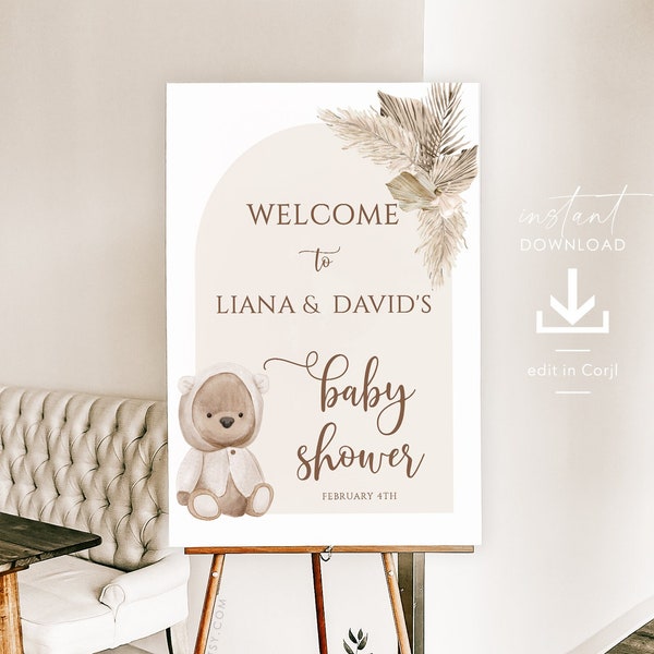 Bear Baby Shower Welcome Sign Template, Printable Bear Welcome Sign, Teddy Bear Baby Shower Poster, Gender Neutral Brown Bear Baby Shower