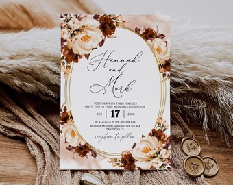 Burnt Orange Floral Wedding Invitation Template (Digital Download)
