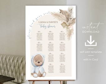 BEAR Baby Shower Seating Chart Template, Dusty Blue Baby Shower, Teddy Bear Seating Chart Sign, Editable Seating Chart, Baby Shower Boy PB10