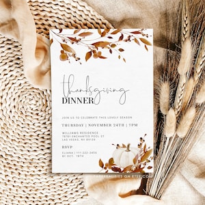 Thanksgiving Dinner Invitation Template, Editable Thanksgiving Invitation, Friendsgiving Dinner, White Pumpkin Thanksgiving Invite, ELIANA