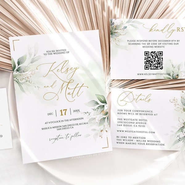 KELSEY - Minimalist Greenery Wedding Invitation Template, Wedding Invitation, Printable Wedding Invitation Template Set, Greenery Faux Gold