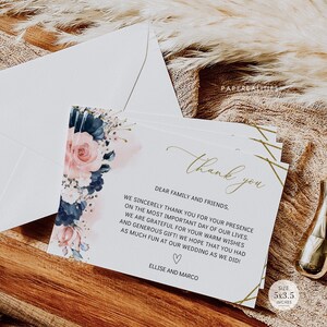 ELLISE- Geometrische Blumen Hochzeit Note Kartenvorlage, druckbare Dankeskarte, Hochzeit in Marine und Blush, Danke Notecard, bearbeitbare Notecard