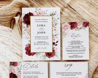 Burgundy Floral Wedding Invitation Suite: Editable Template (DIY)