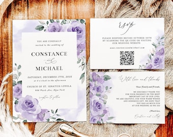 May include: Purple floral wedding invitation with a watercolor background. The invitation includes the names Constance and Michael, the date and time of the wedding, and the location. The RSVP card includes a QR code and the website address www.constanceandmichael.com.
