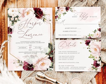 Burgundy Blush Floral Wedding Invitation Template (Digital Download)