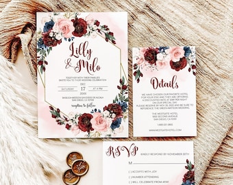 Burgundy Floral Wedding Invitation Suite (Digital Download)