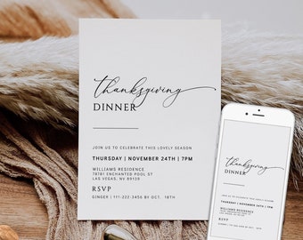 Plantilla minimalista de invitación para la cena de Acción de Gracias (descarga digital)